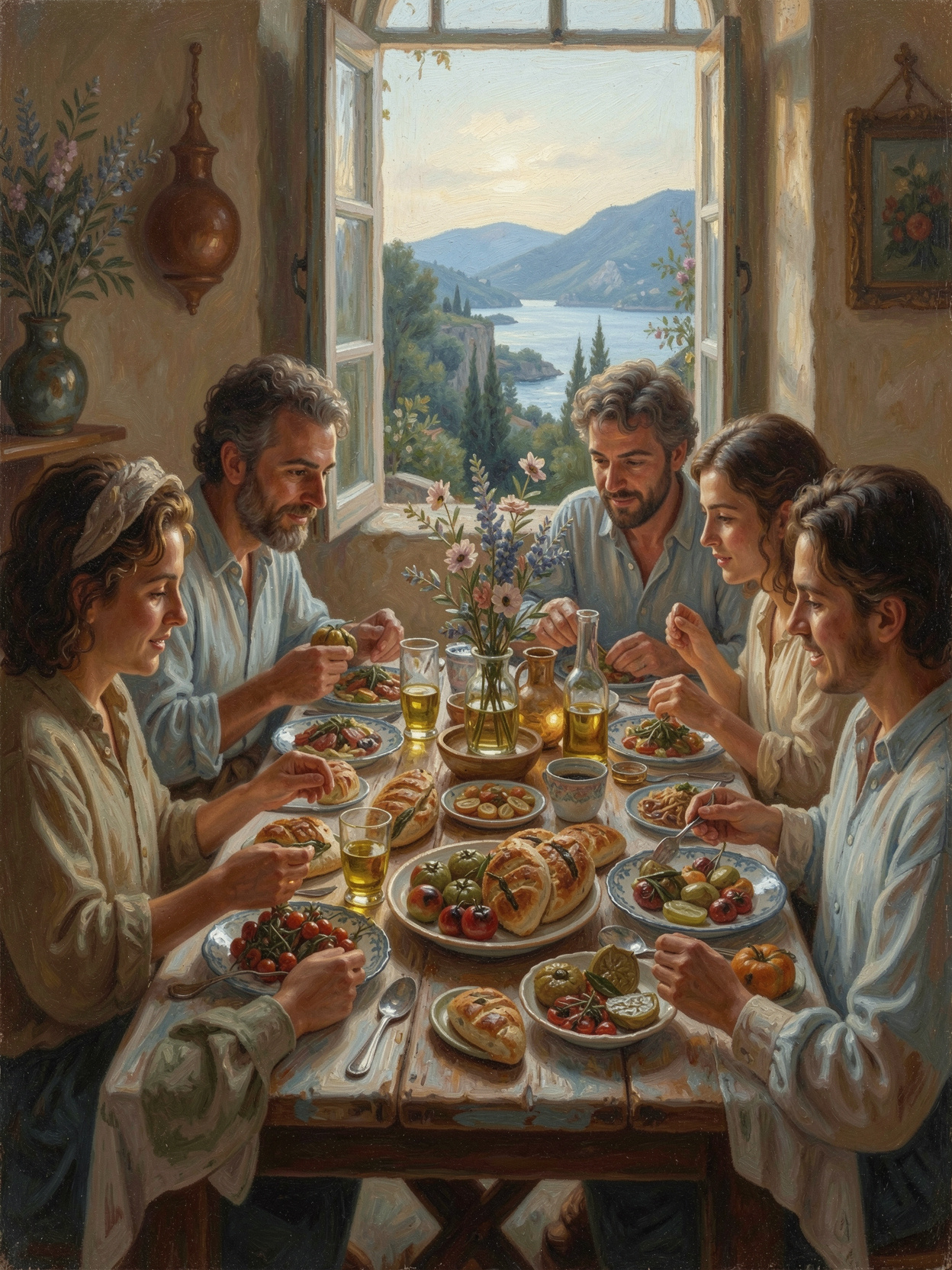 Familie am Esstisch mit Olivenöl